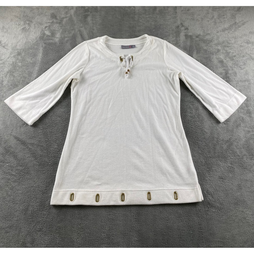 Sport Savvy Womens White Terry Cloth Tunic Top Lace Up Grommet Detail Size XS